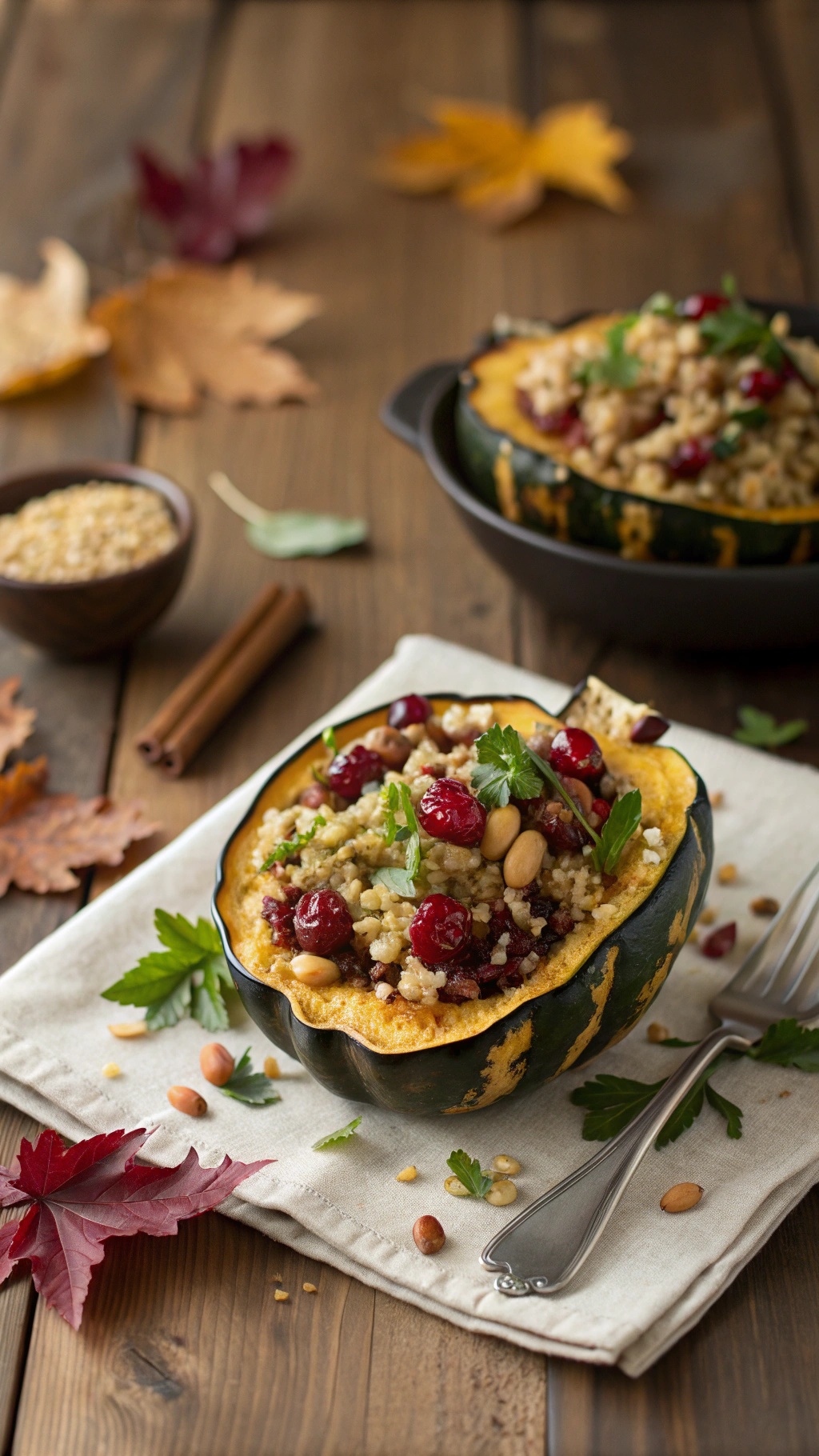 Savory stuffed acorn squash filled with quinoa, cranberries, and nuts, surrounded by autumn leaves and spices.