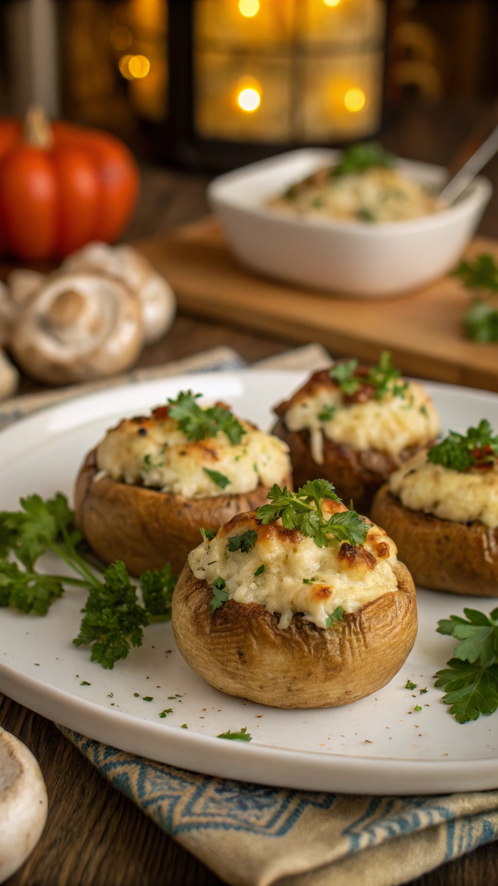 Savory stuffed mushrooms topped with herbs on a white plate, with a cozy background.