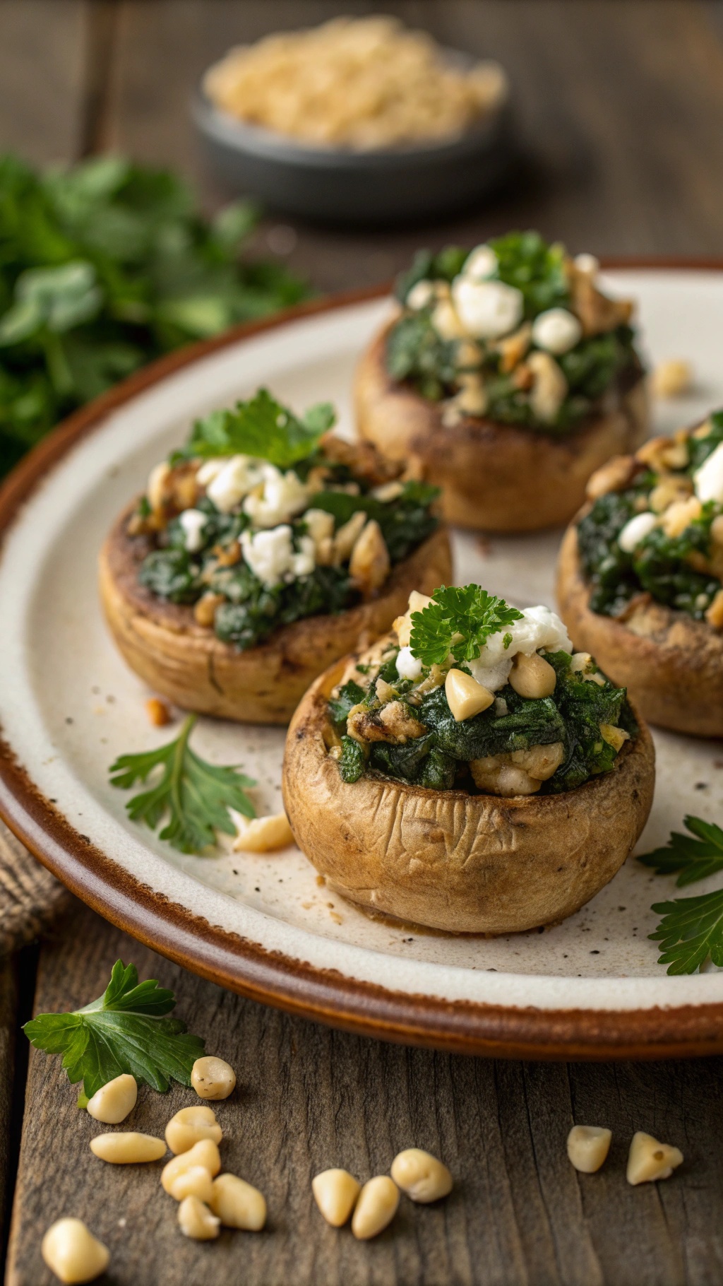 Savory stuffed mushrooms filled with spinach, pine nuts, and feta cheese on a plate.