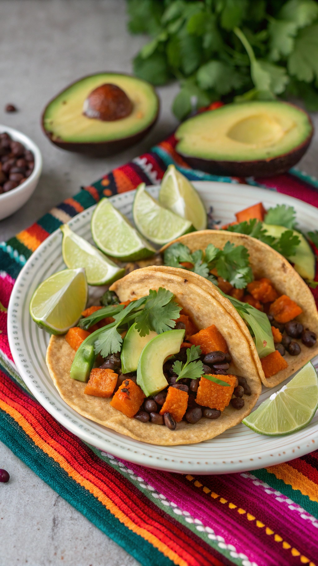 Plate of sweet potato and black bean tacos with avocado and lime wedges
