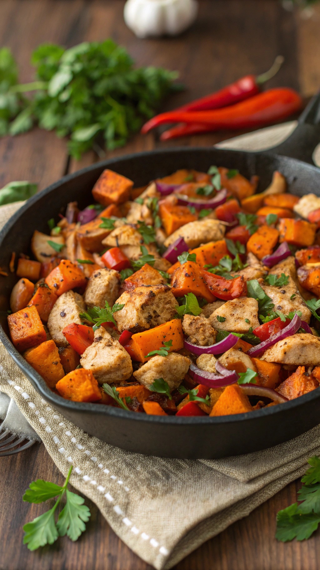 A skillet filled with savory sweet potato and turkey hash, featuring colorful vegetables and herbs.