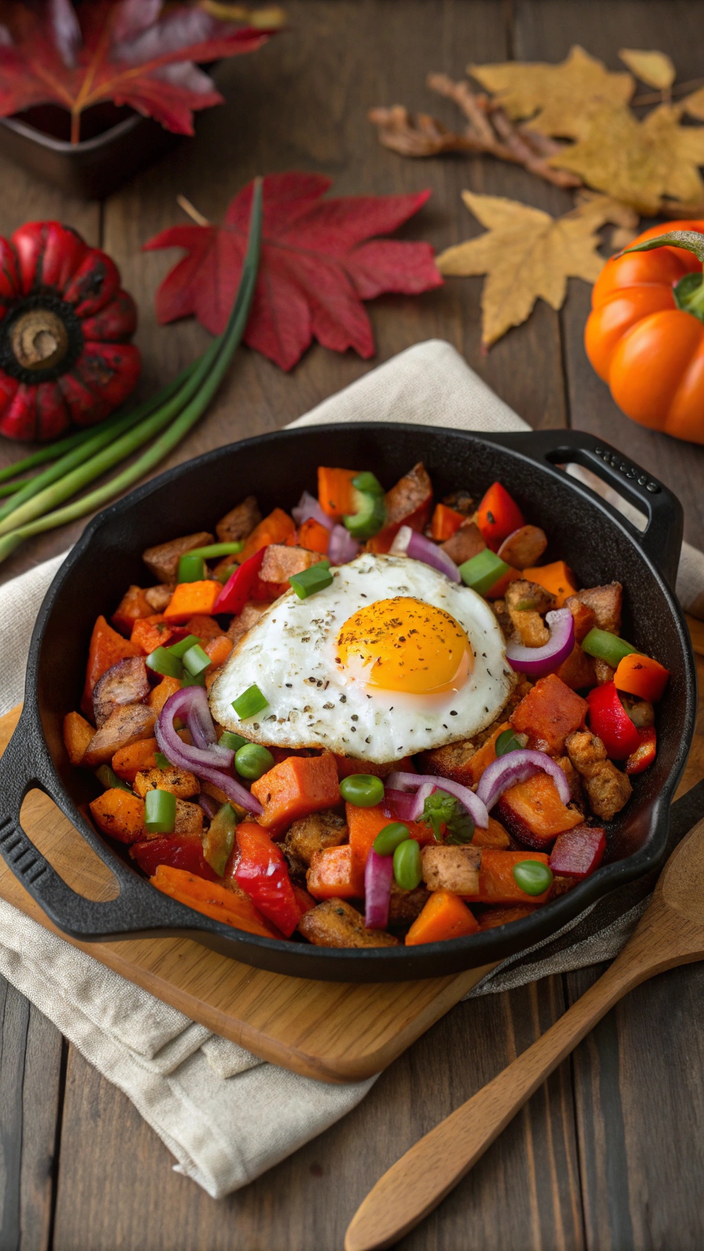 A delicious savory sweet potato breakfast hash with colorful vegetables and a fried egg on top, served in a cast-iron skillet.