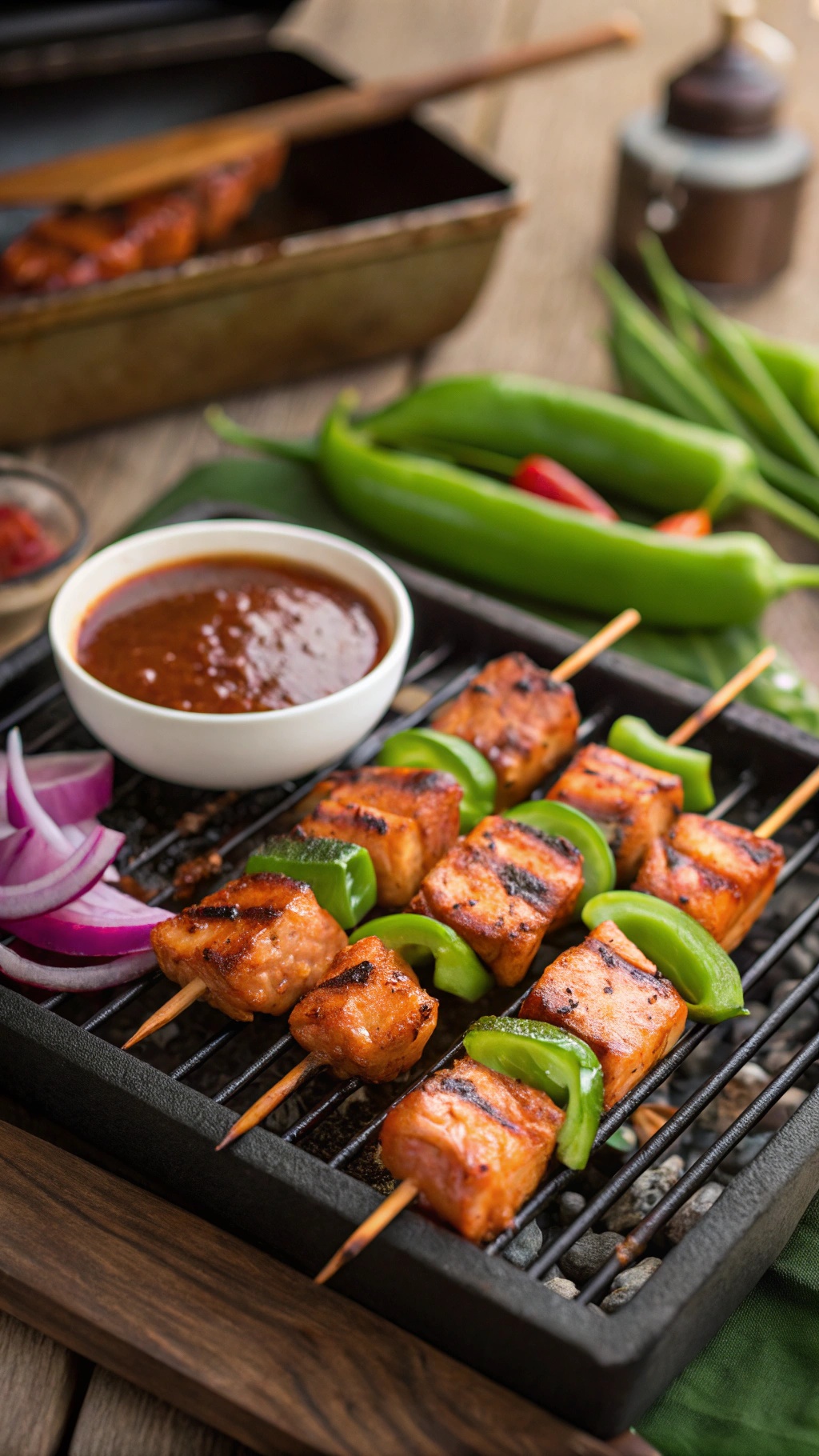 Grilled teriyaki salmon skewers with bell peppers and red onion, served with a dipping sauce.