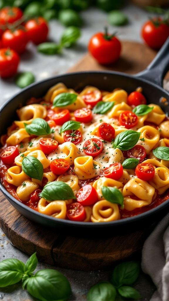 A skillet filled with tortellini, cherry tomatoes, and fresh basil.