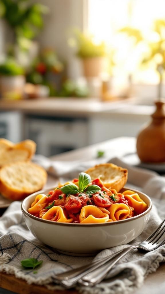 A bowl of tomato basil tortellini with fresh basil leaves and a side of bread.