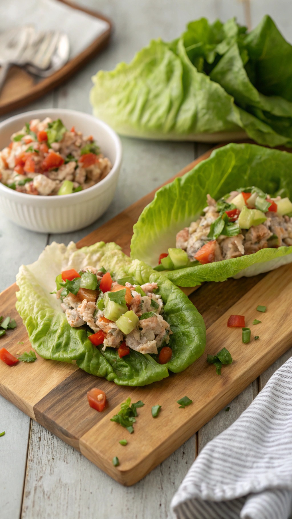 Tuna salad lettuce wraps with diced vegetables on a wooden board