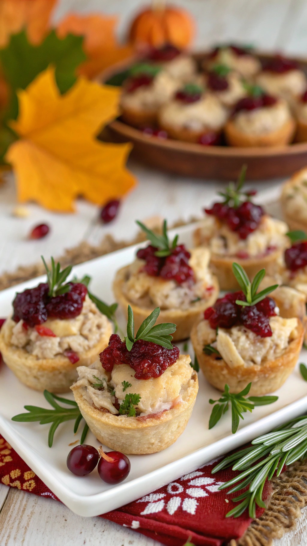 Savory turkey and cranberry bites on a white plate, garnished with herbs and cranberries, set against a festive autumn background.