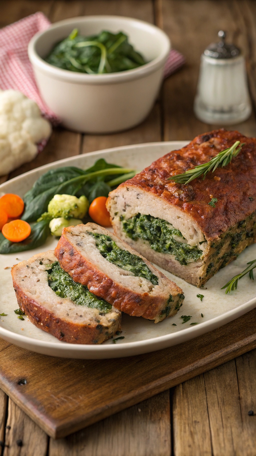 A sliced turkey and spinach meatloaf on a platter, surrounded by fresh vegetables.
