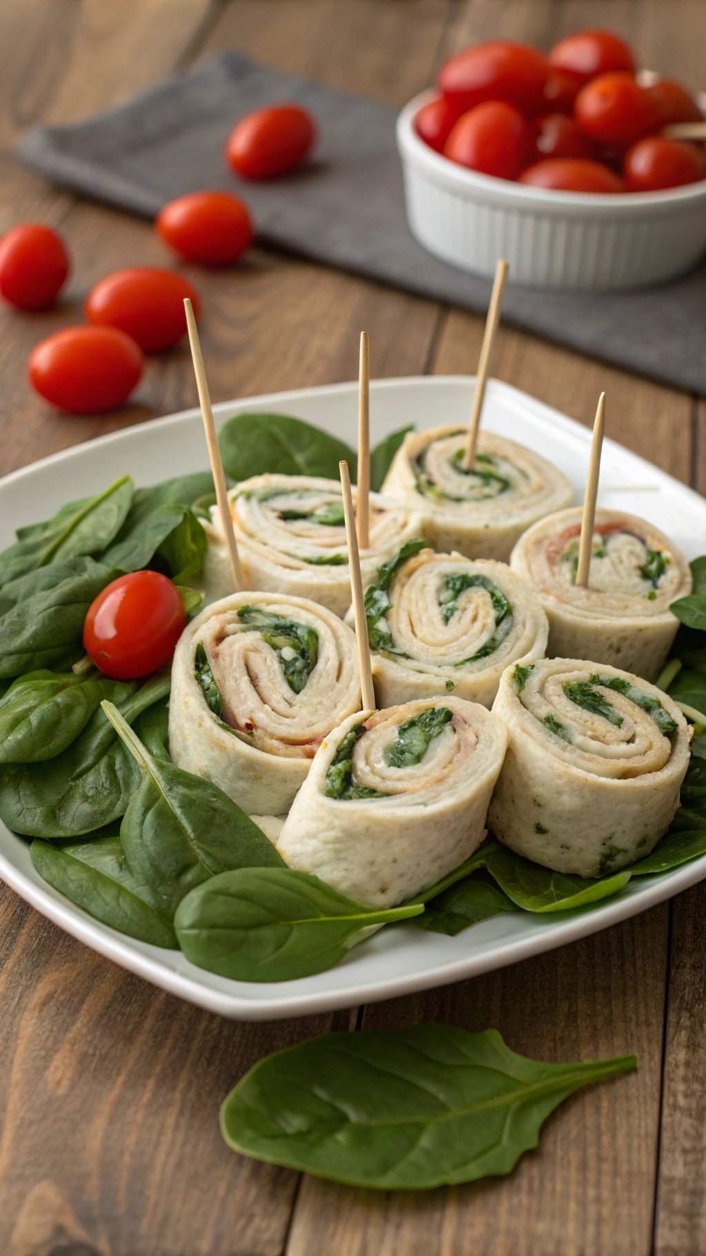 Savory Turkey and Spinach Roll-Ups on a plate with cherry tomatoes