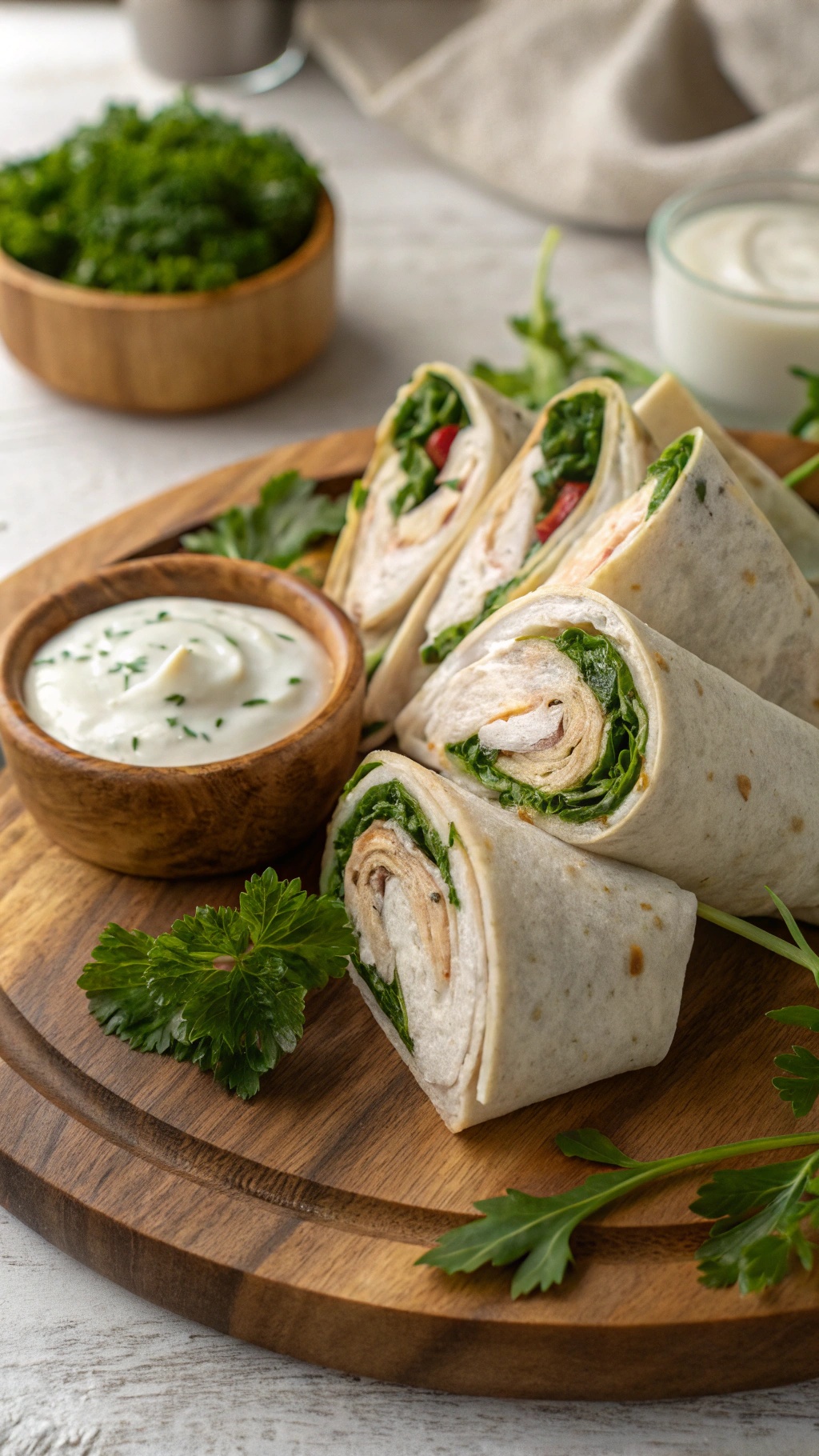 Savory turkey and spinach wraps on a wooden platter with a yogurt dip.