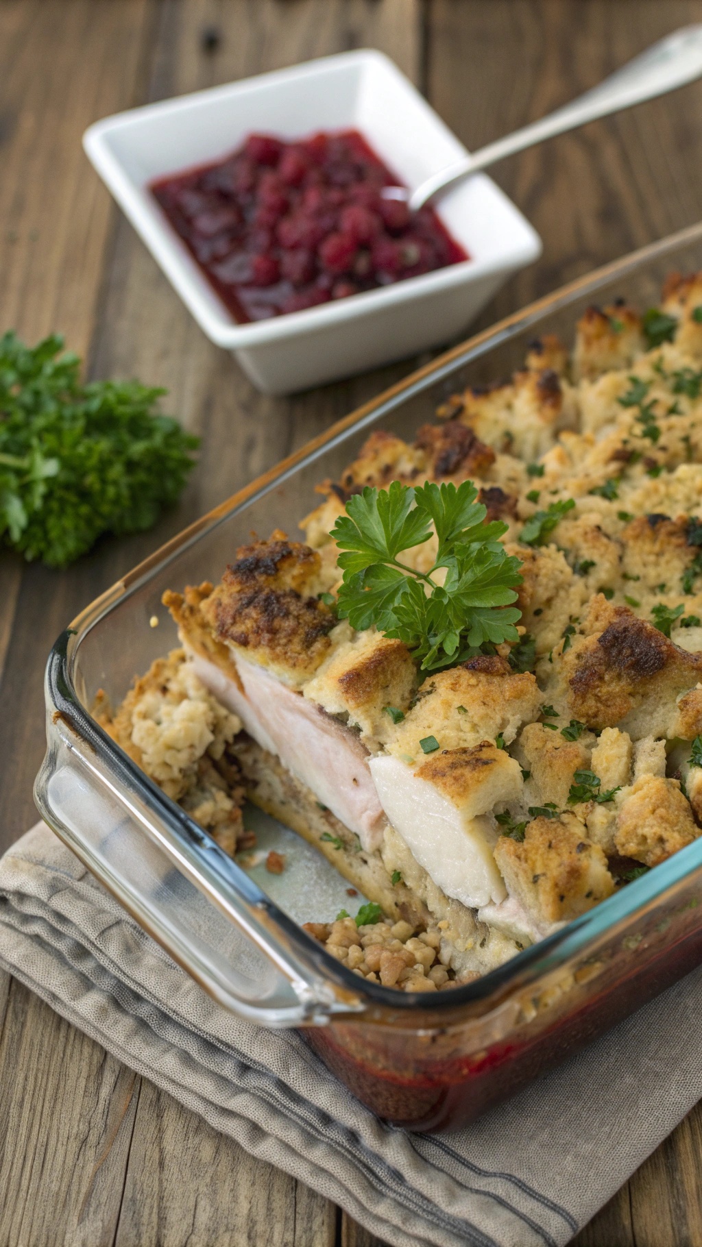 A savory turkey and stuffing casserole with a side of cranberry sauce.