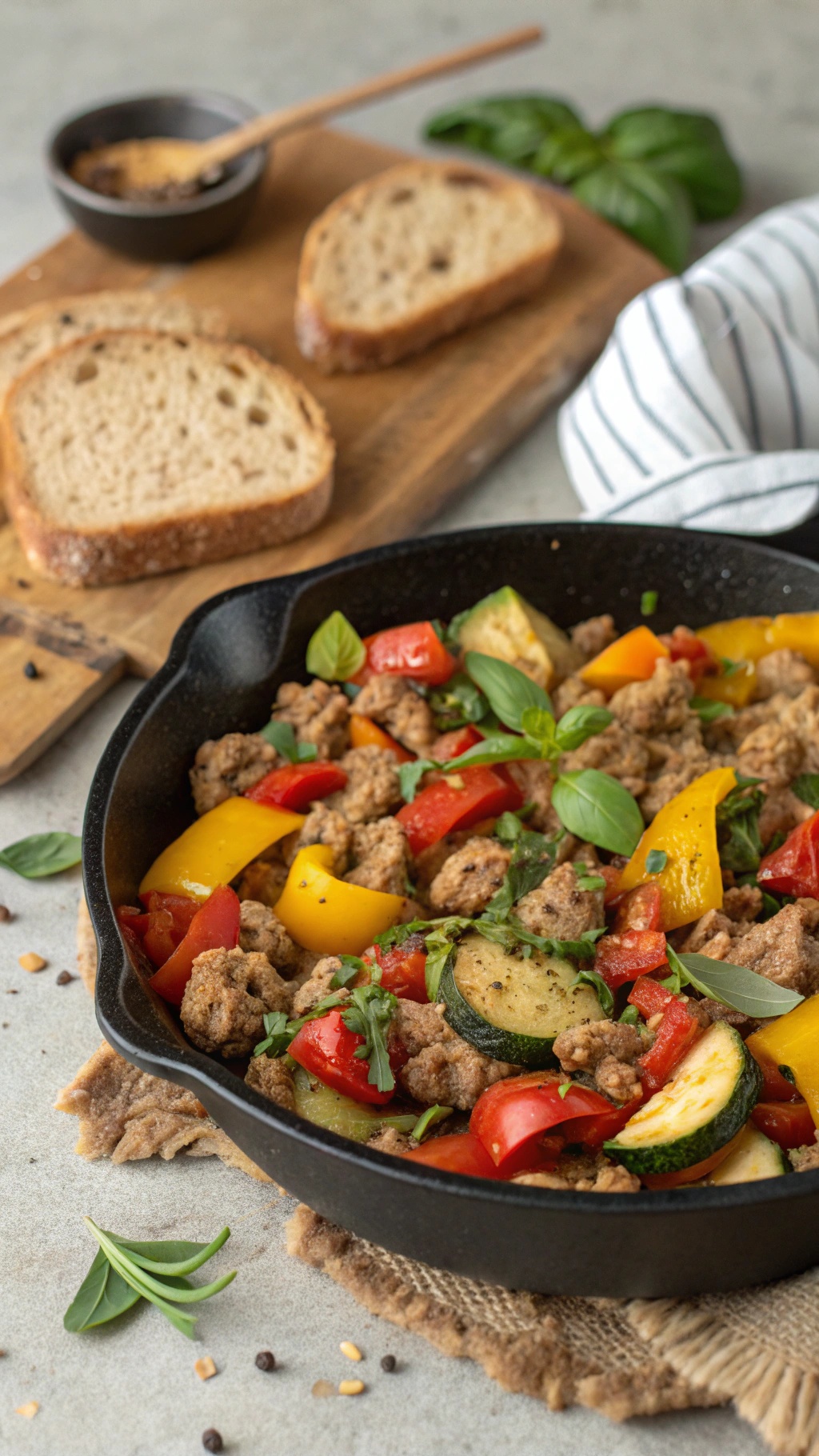 A skillet filled with ground turkey and colorful vegetables, garnished with fresh basil.