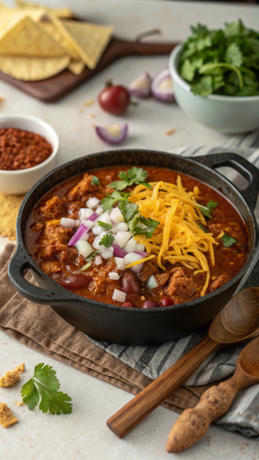 A bowl of savory turkey chili topped with cheese, onions, and cilantro, served with tortilla chips.