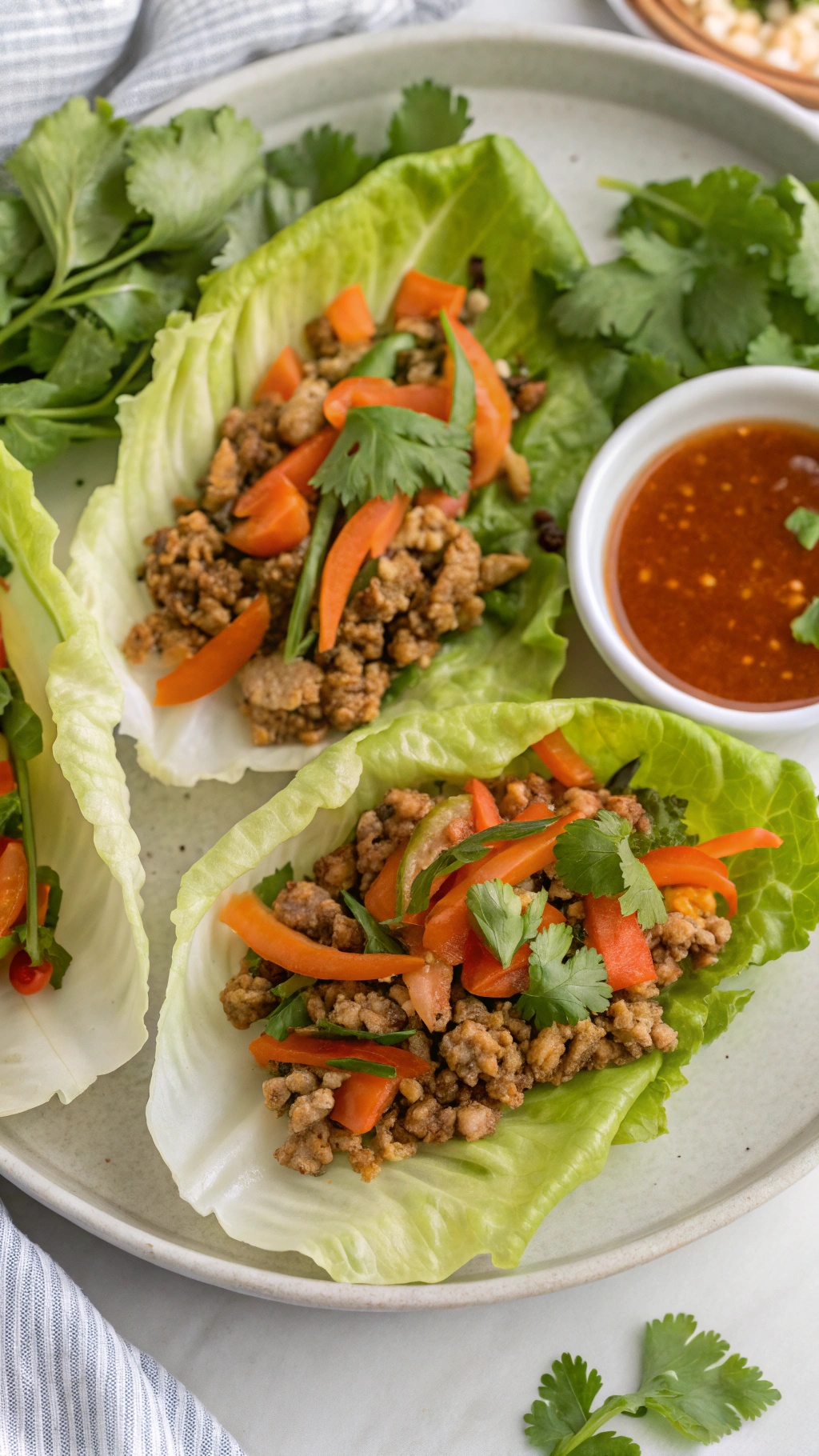 Savory turkey lettuce wraps filled with ground turkey, bell peppers, and cilantro, served with a dipping sauce.
