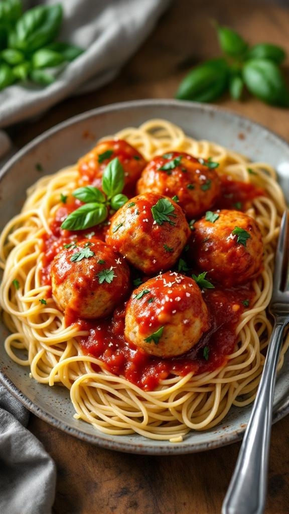 A plate of turkey meatballs served over spaghetti with marinara sauce and fresh herbs.
