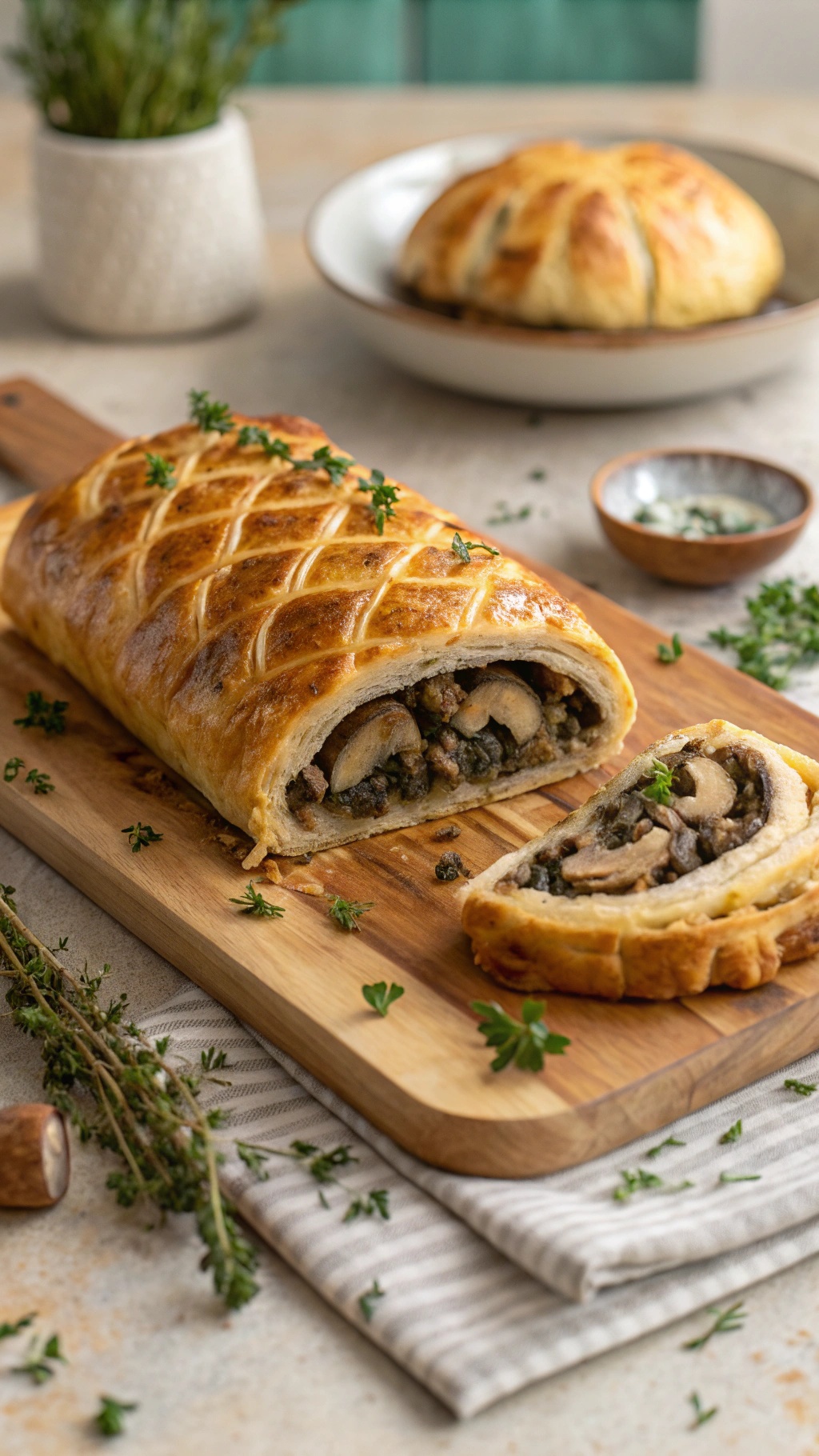 A beautifully baked Vegan Mushroom Wellington on a wooden cutting board, garnished with fresh herbs.