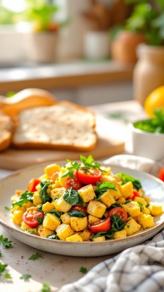 A vibrant plate of vegan scramble with diced potatoes, spinach, and cherry tomatoes.