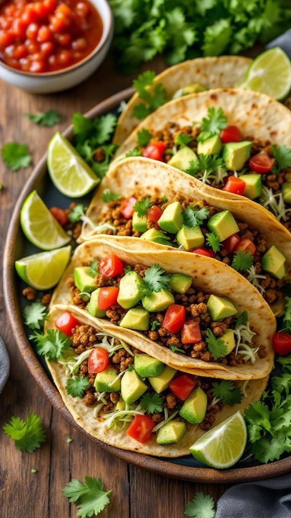 Colorful vegan tacos with black beans, corn, avocado, and tomatoes, served with lime and salsa.