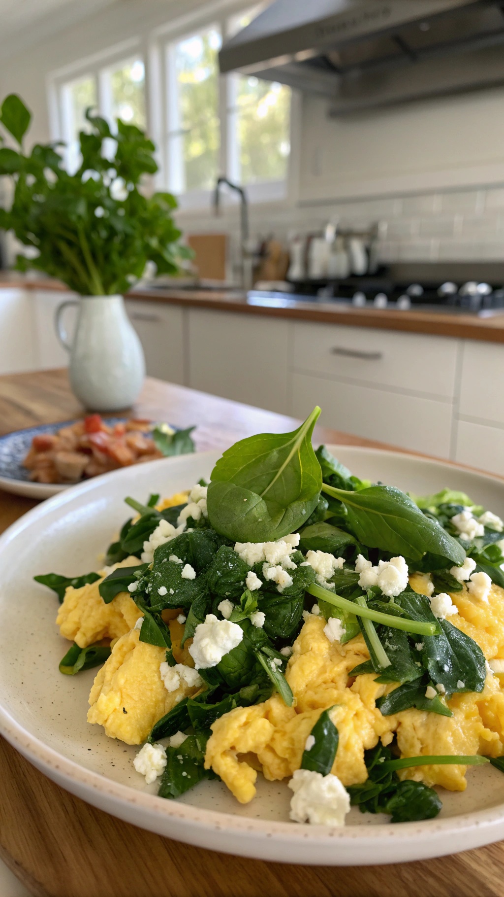 A plate of scrambled eggs with spinach and feta, garnished with fresh spinach leaves, set in a bright kitchen.