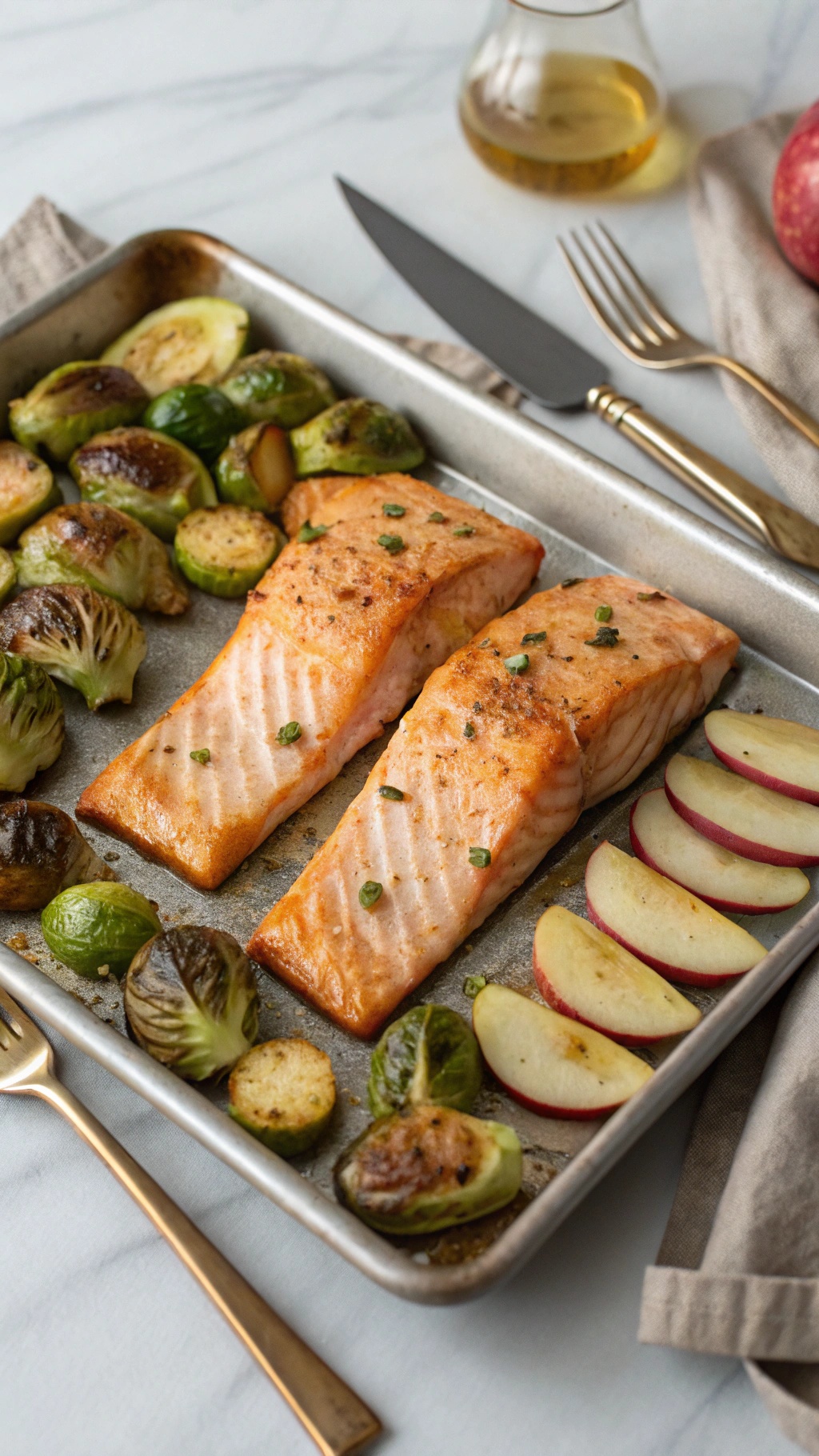 Sheet pan dinner featuring salmon fillets, Brussels sprouts, and apple slices.
