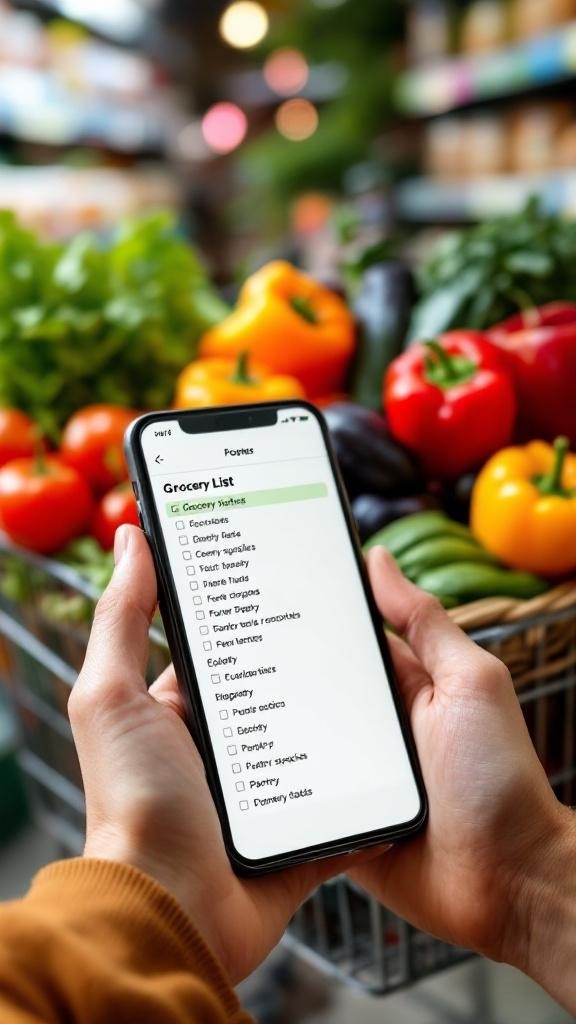A person holding a smartphone with a grocery list in front of a cart filled with fresh produce.