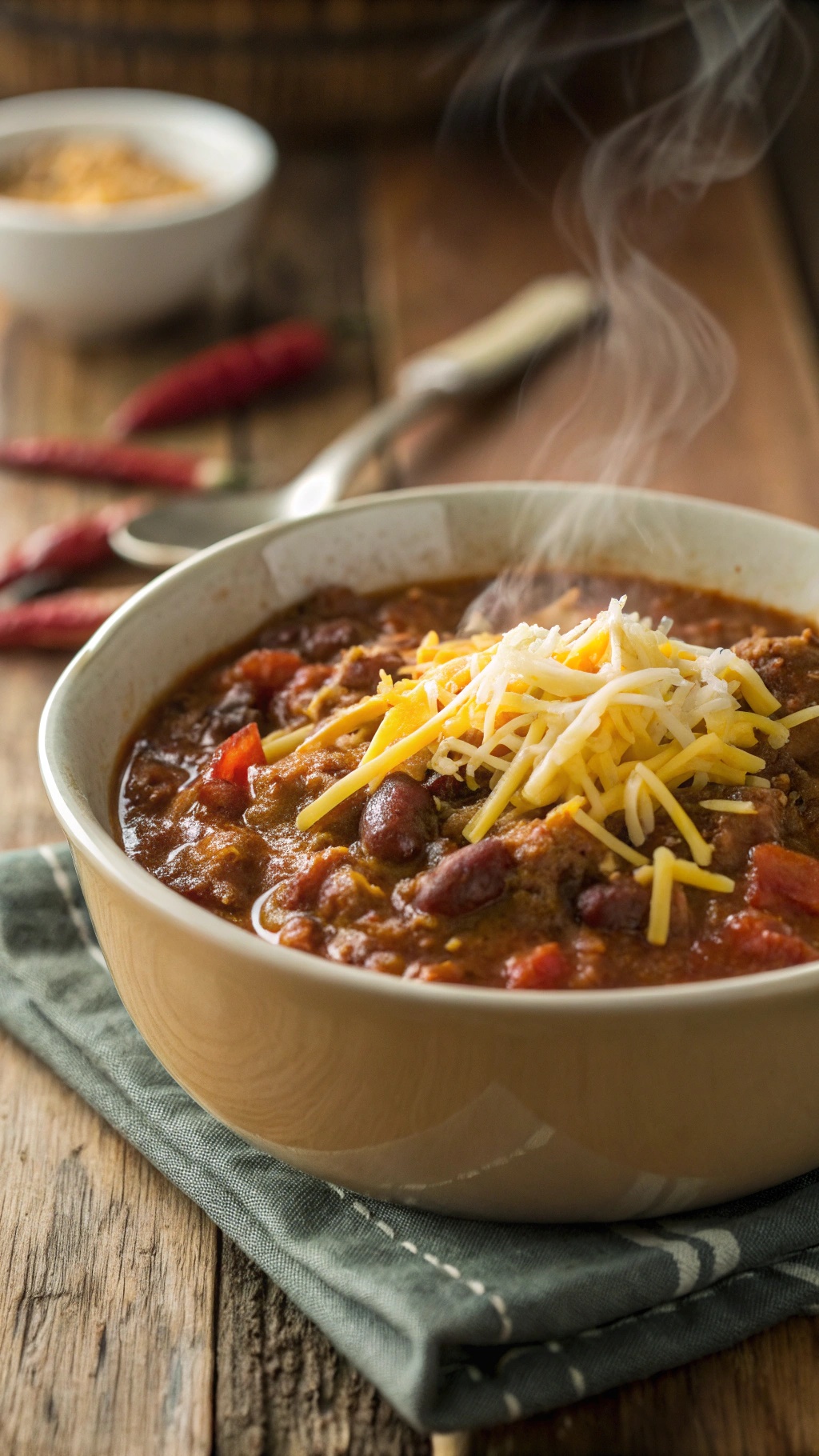 A bowl of steaming chili topped with shredded low-fat cheese.
