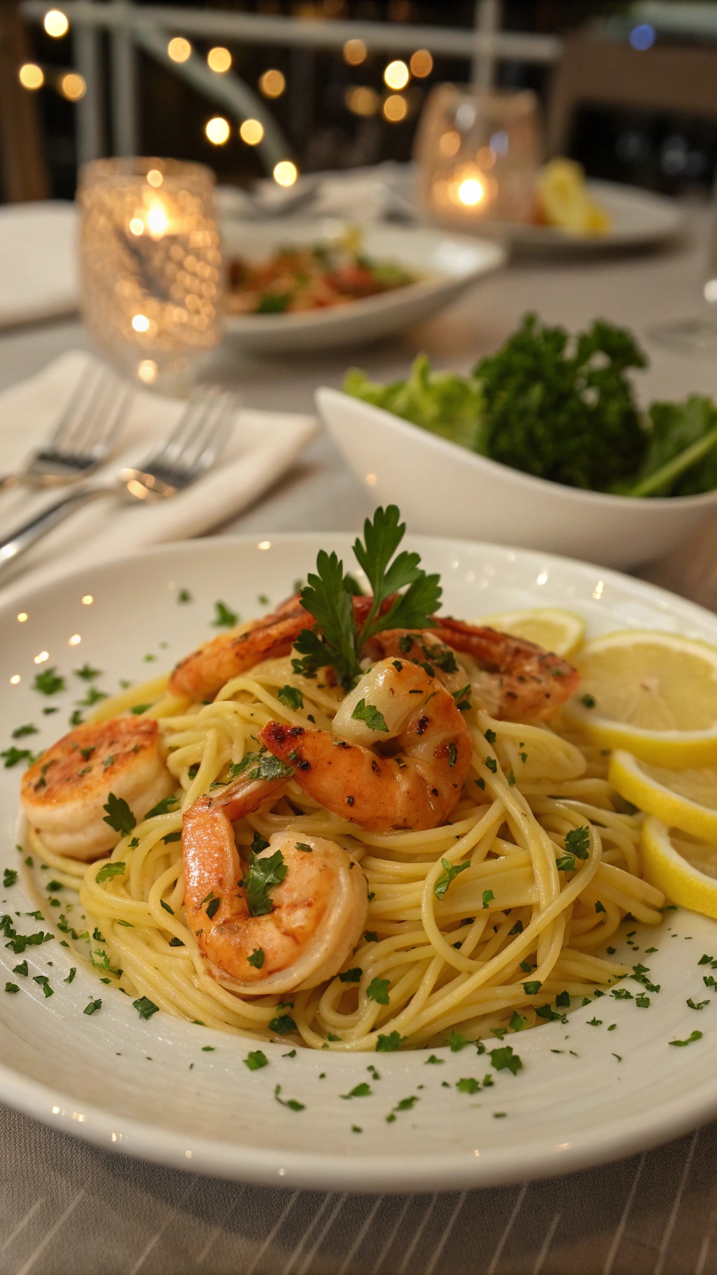 A plate of shrimp scampi with high-protein pasta, garnished with parsley and lemon slices.
