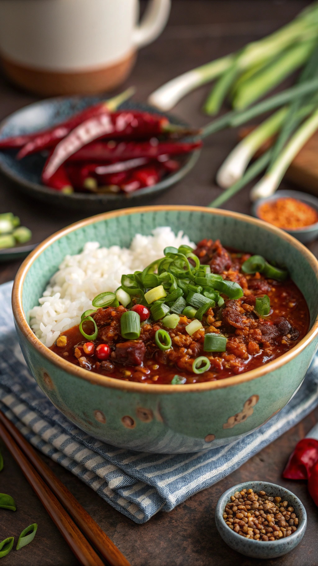 A bowl of Sichuan chili with rice, topped with green onions and red chilies, surrounded by fresh ingredients.