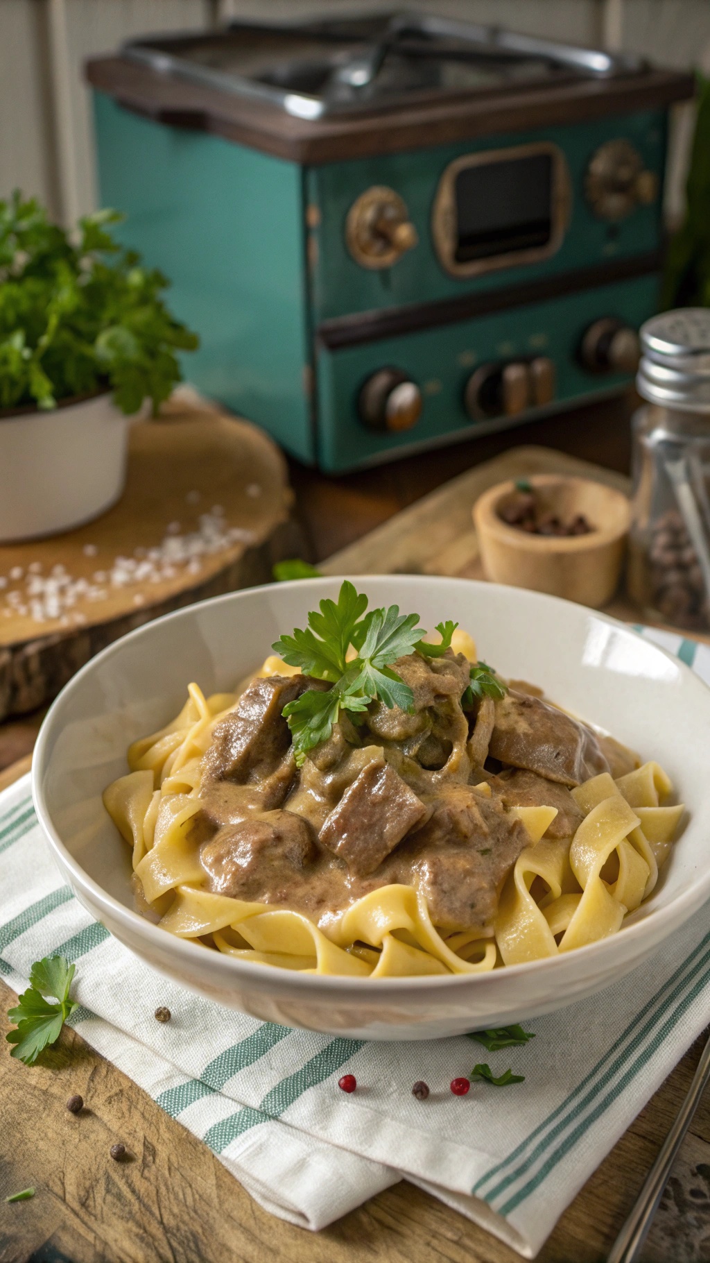 A bowl of beef stroganoff served over egg noodles, garnished with parsley, with a vintage stove in the background.