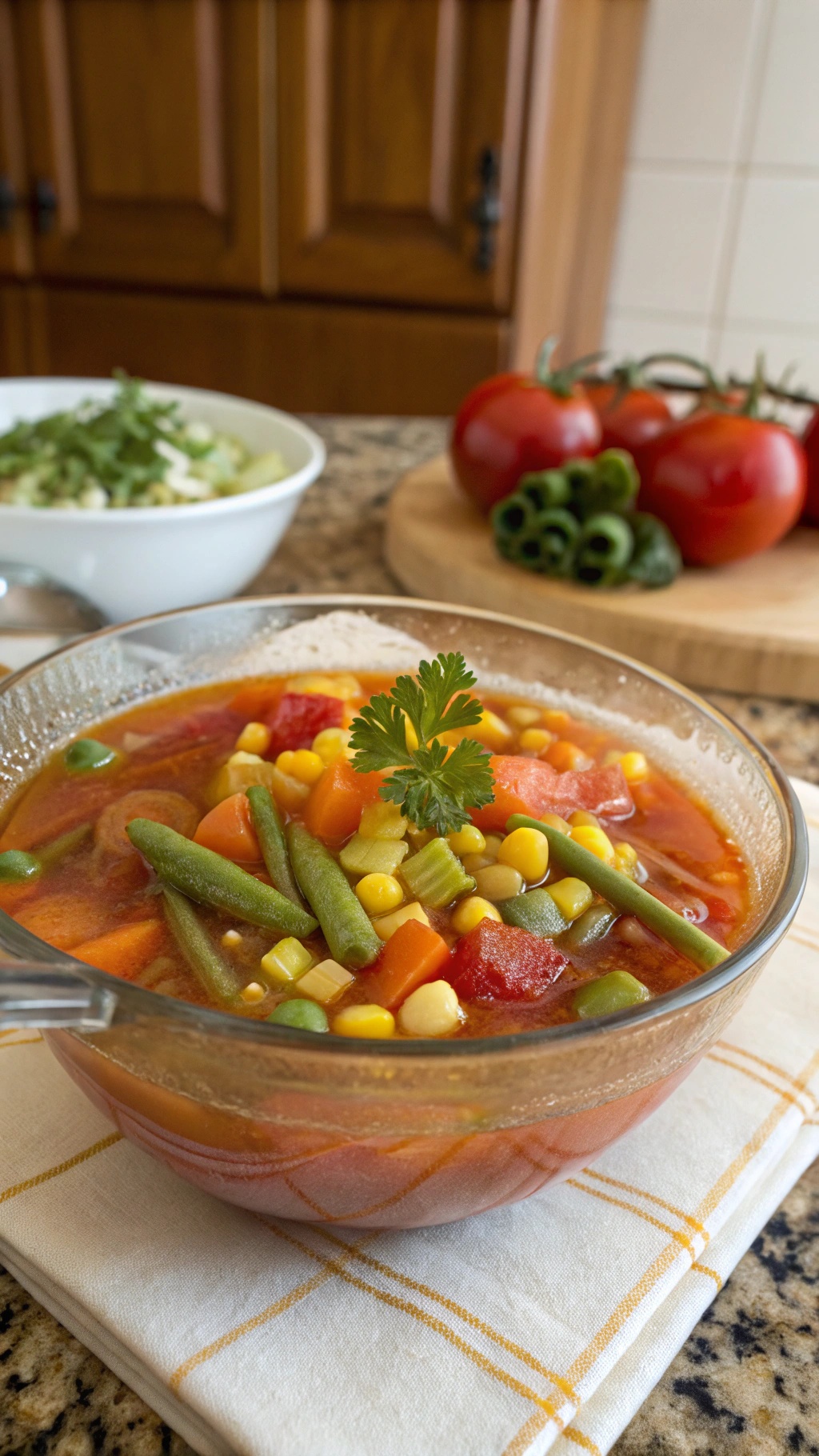A bowl of colorful vegetable soup with green beans, corn, and tomatoes, garnished with a sprig of cilantro.