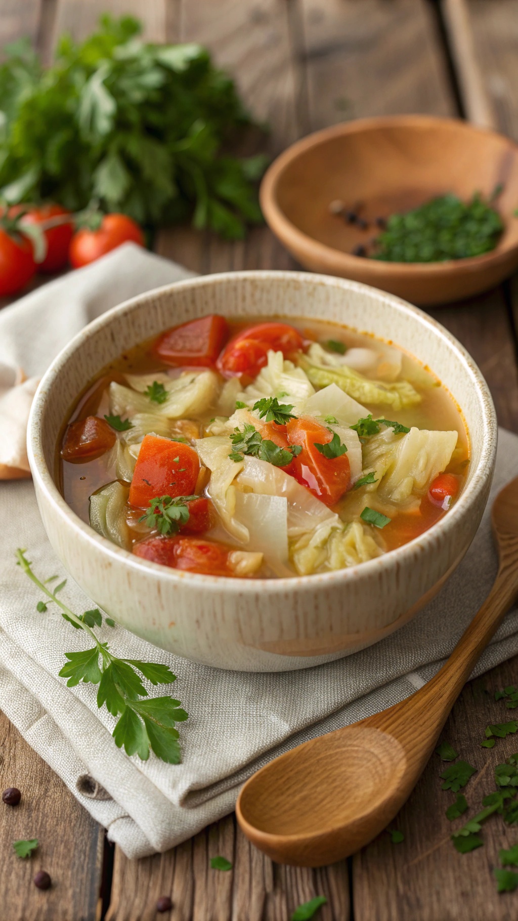 A bowl of cabbage soup with tomatoes and carrots, garnished with parsley.