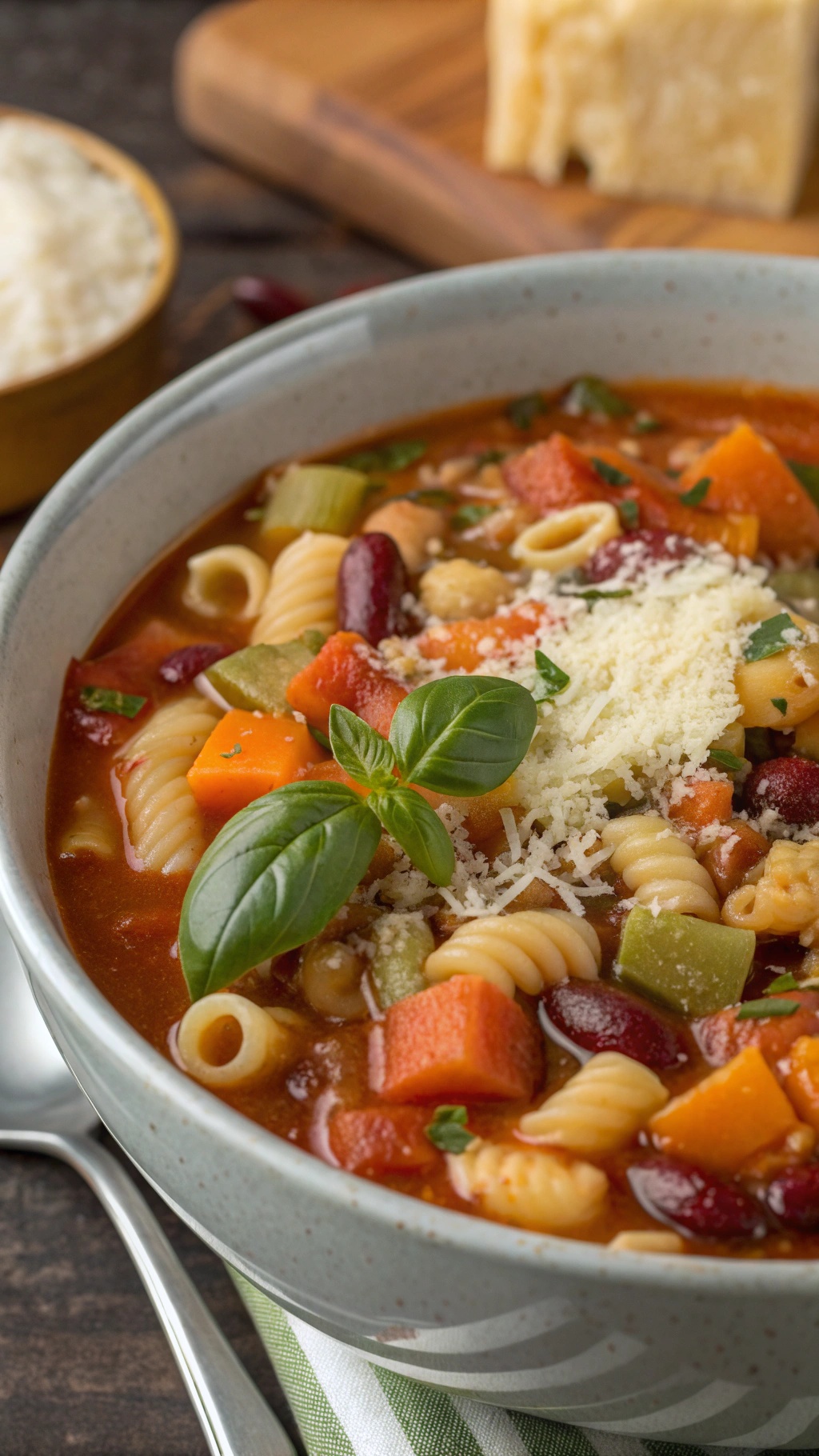 A bowl of minestrone soup with pasta, vegetables, and basil on top.