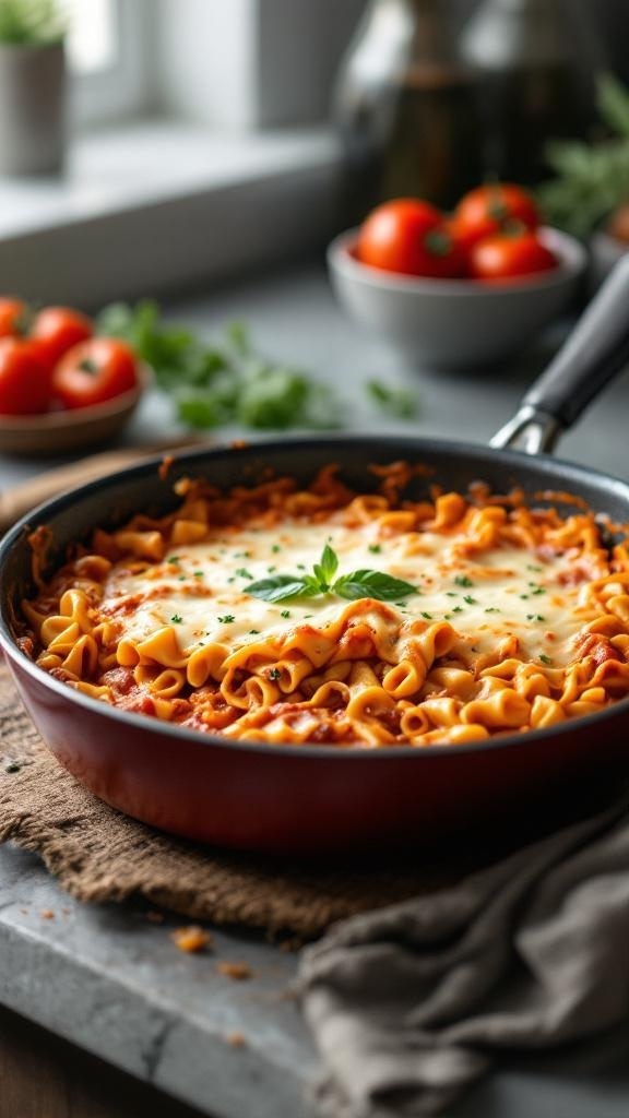 A pot of one-pot lasagna with melted cheese and fresh ingredients