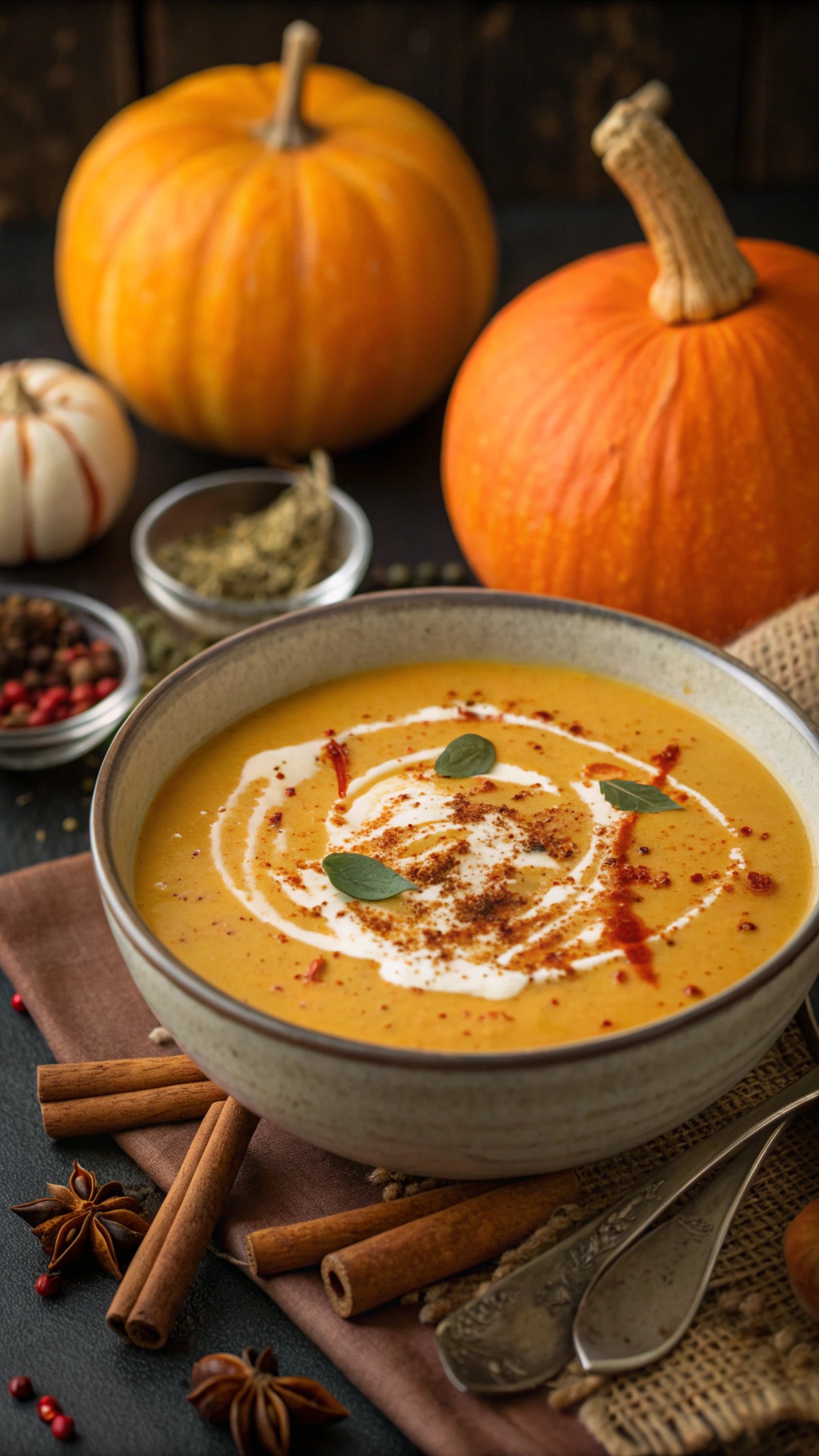 A bowl of creamy pumpkin soup garnished with spices and fresh herbs, surrounded by pumpkins and spices.