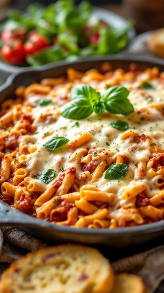 A delicious baked ziti topped with melted cheese and fresh basil, served with a side salad.