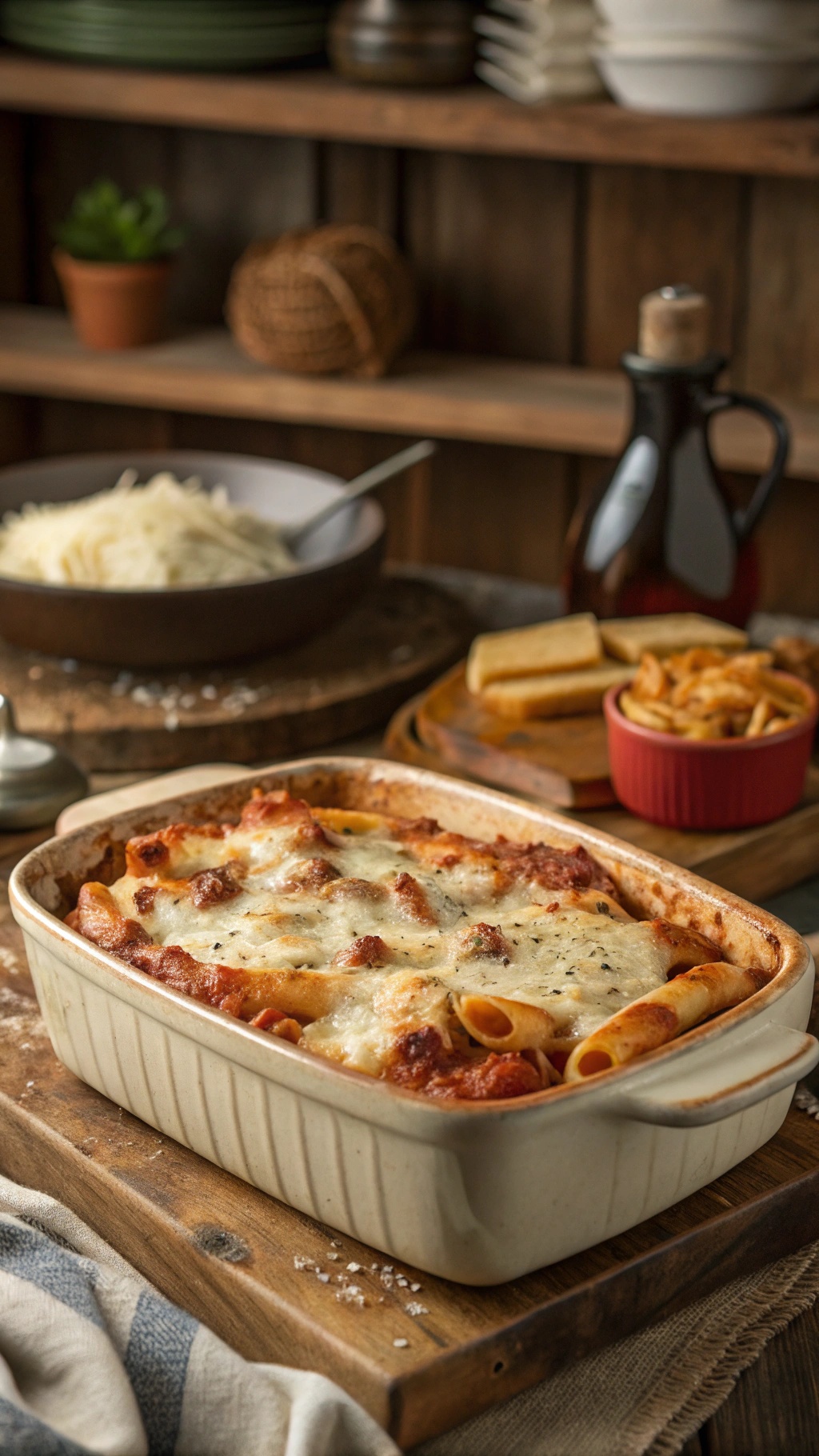 A delicious baked ziti with cheese in a cozy dish, ready to be served.