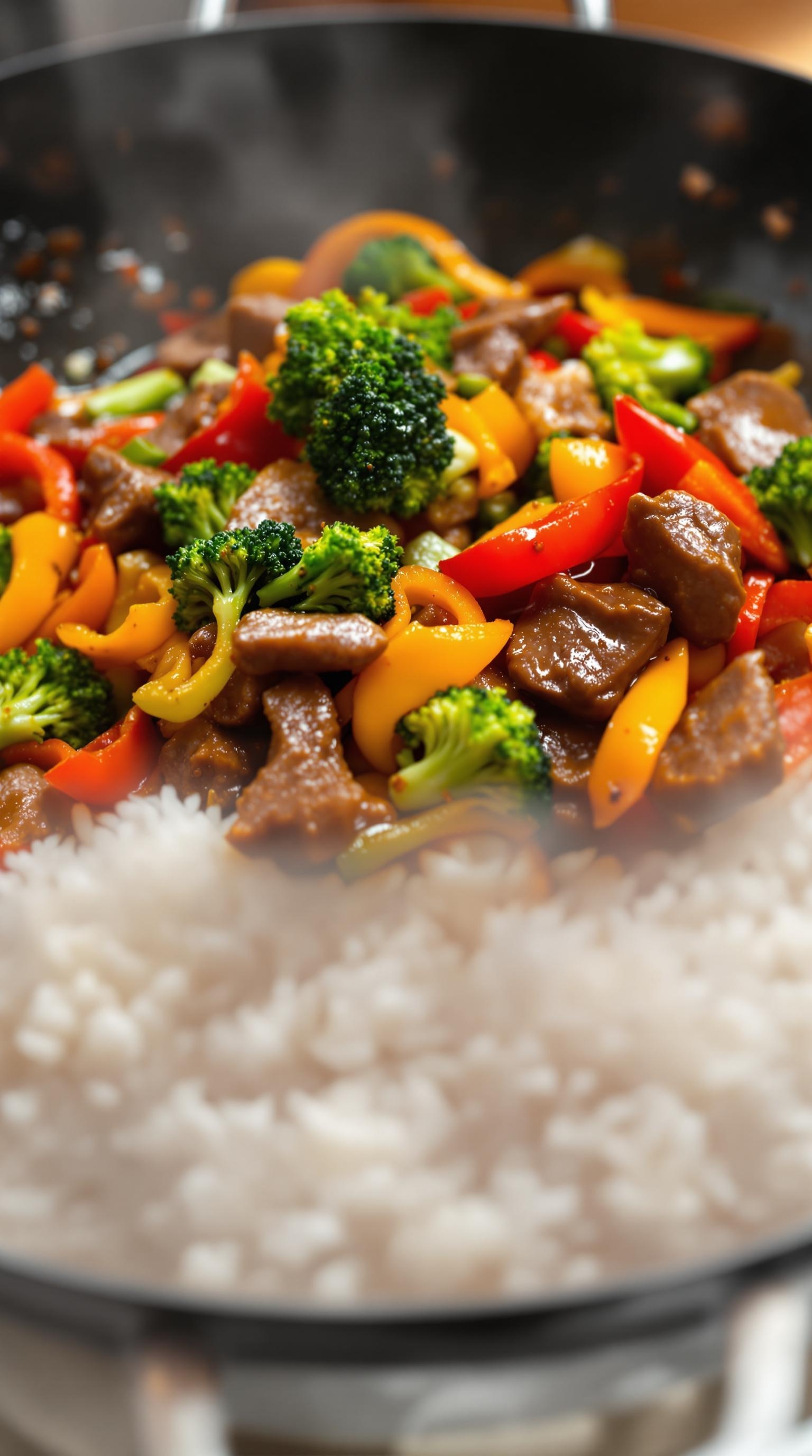 A colorful beef and vegetable stir-fry with broccoli and bell peppers served over rice.