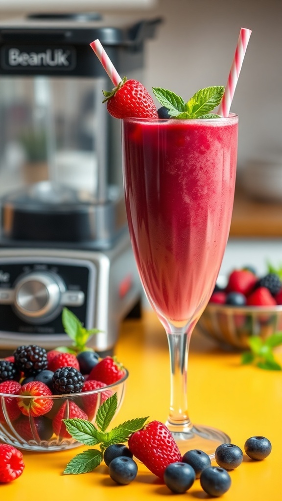 A vibrant berry smoothie in a tall glass with fresh berries and mint leaves on the side.