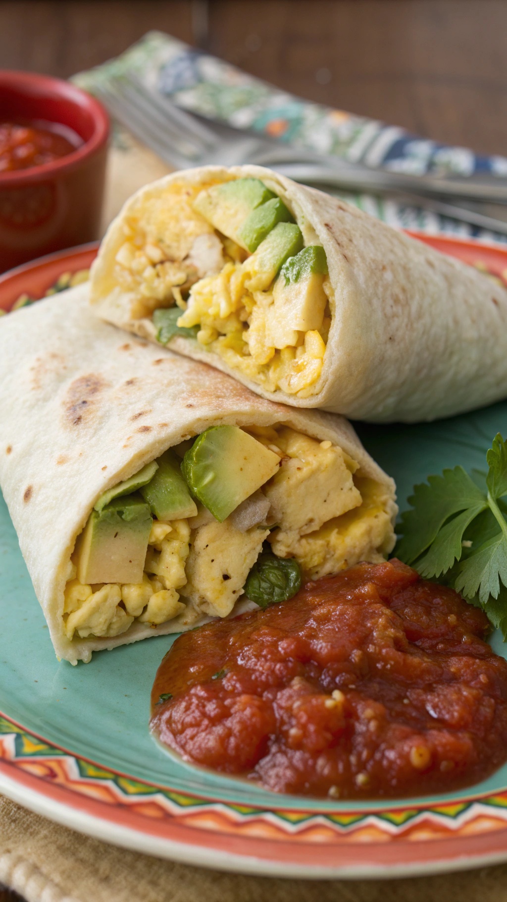 Two breakfast burritos filled with eggs, vegetables, and salsa on a colorful plate.