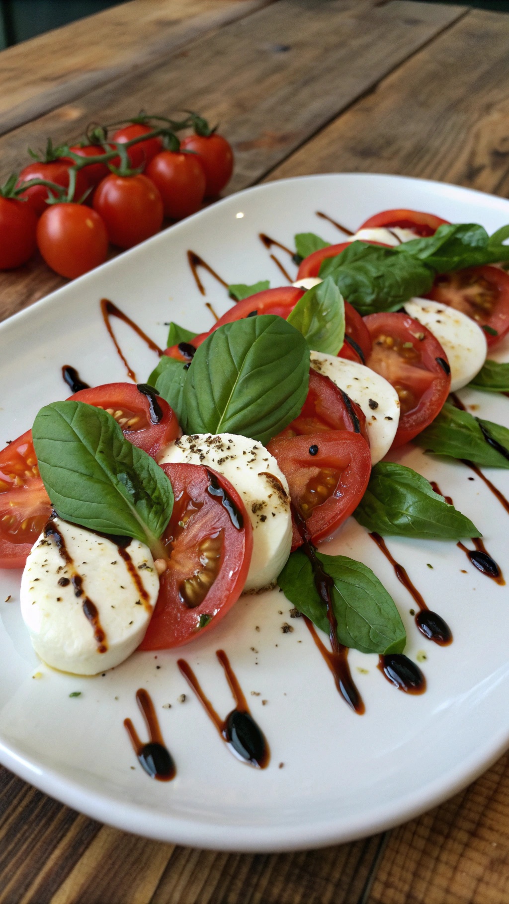 A colorful Caprese salad with tomatoes, mozzarella, and basil drizzled with balsamic reduction.