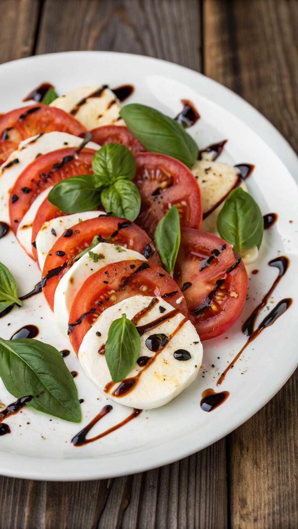 A plate of Caprese salad with fresh mozzarella, tomatoes, basil, and balsamic glaze.