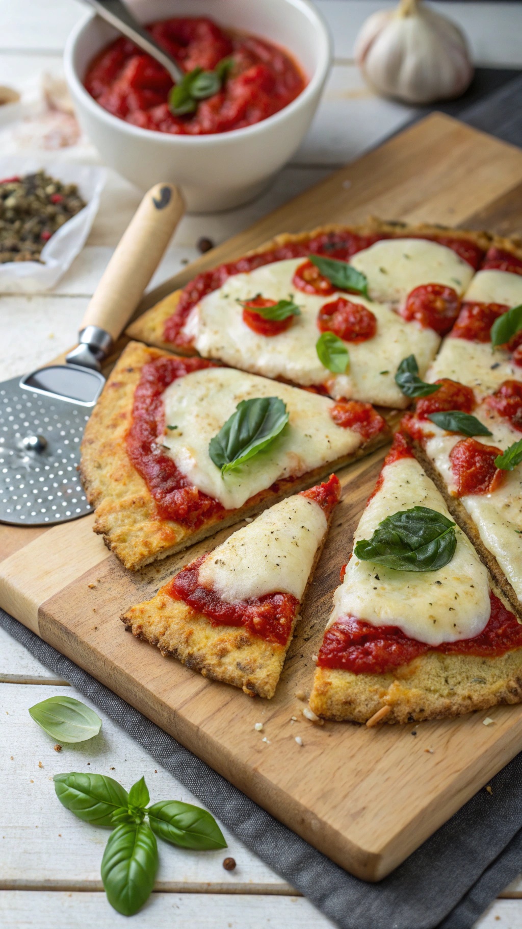 Cauliflower pizza crust topped with tomato sauce, cheese, and basil on a wooden board.