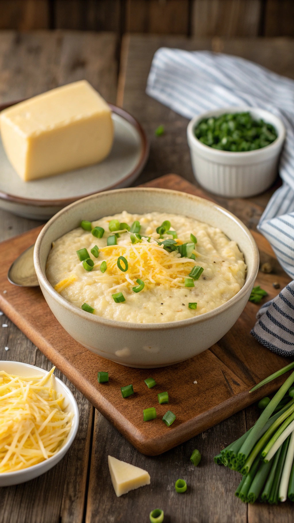 A bowl of cheesy grits topped with green onions, with cheese and green onions on the side.