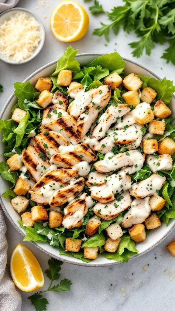 A bowl of Chicken Caesar Salad with grilled chicken, croutons, and dressing.