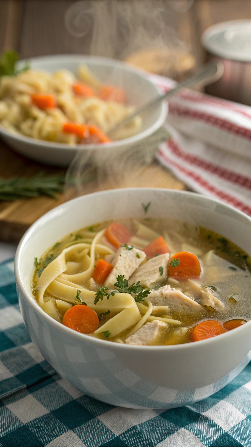 A bowl of chicken noodle soup with noodles, carrots, and chicken, steaming and ready to eat.