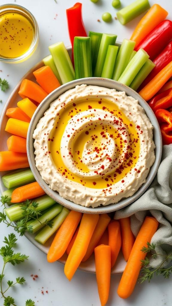 A colorful platter with cottage cheese and hummus dip surrounded by fresh vegetables.