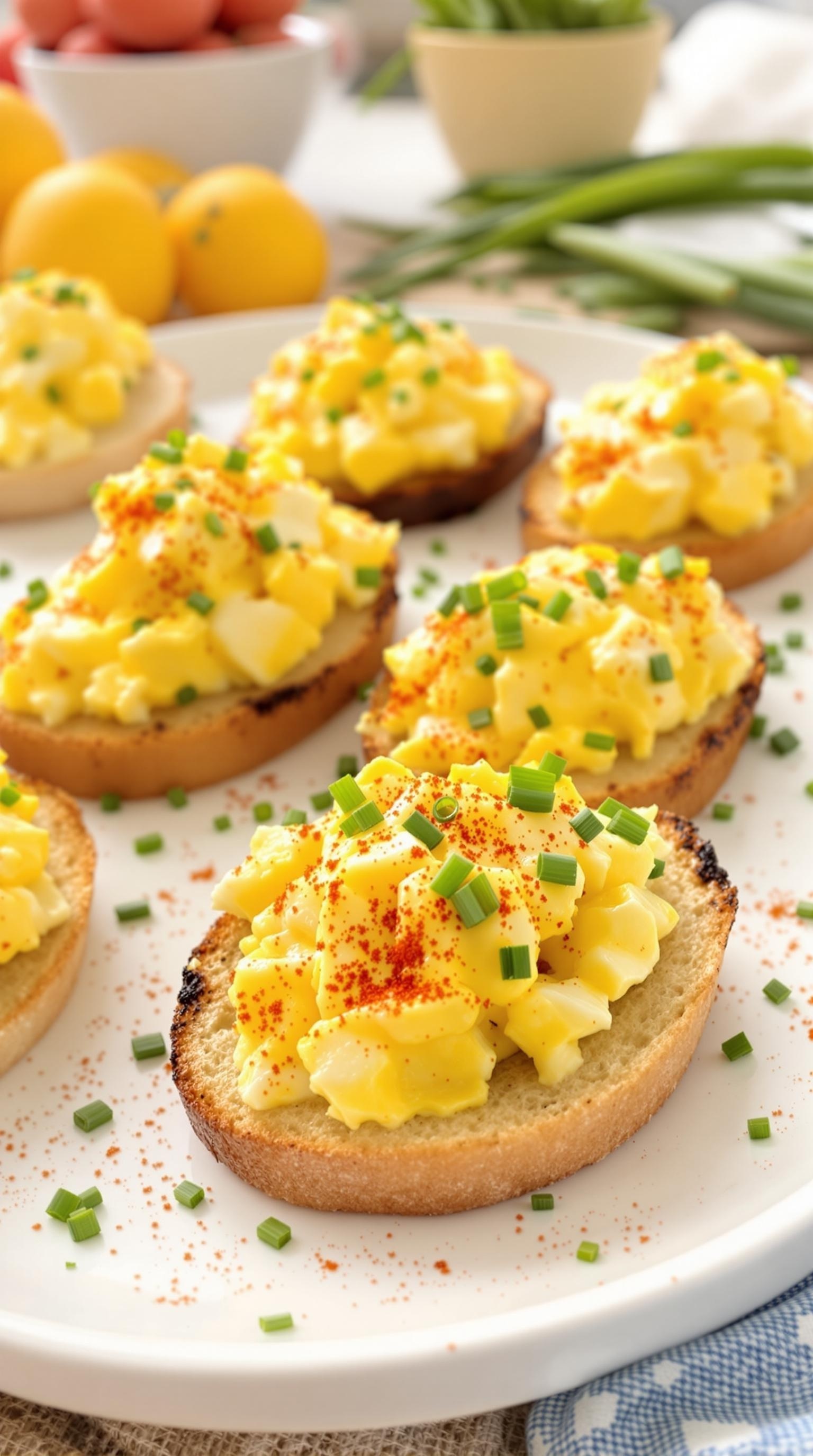 Egg salad on toast points topped with chives and paprika