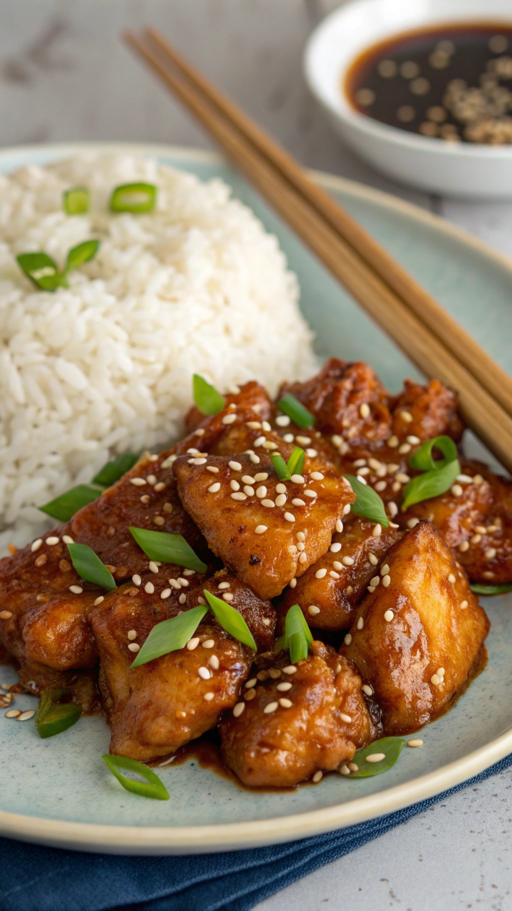 A plate of ginger soy chicken served with rice and garnished with green onions and sesame seeds.
