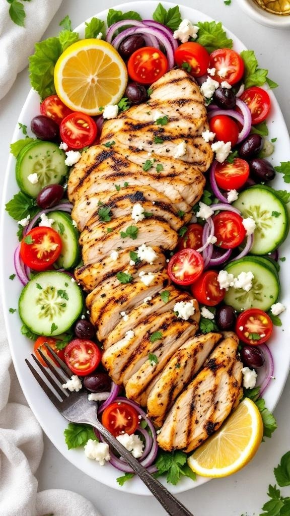 A colorful Greek chicken salad with sliced grilled chicken, tomatoes, cucumbers, olives, and feta cheese on a platter.