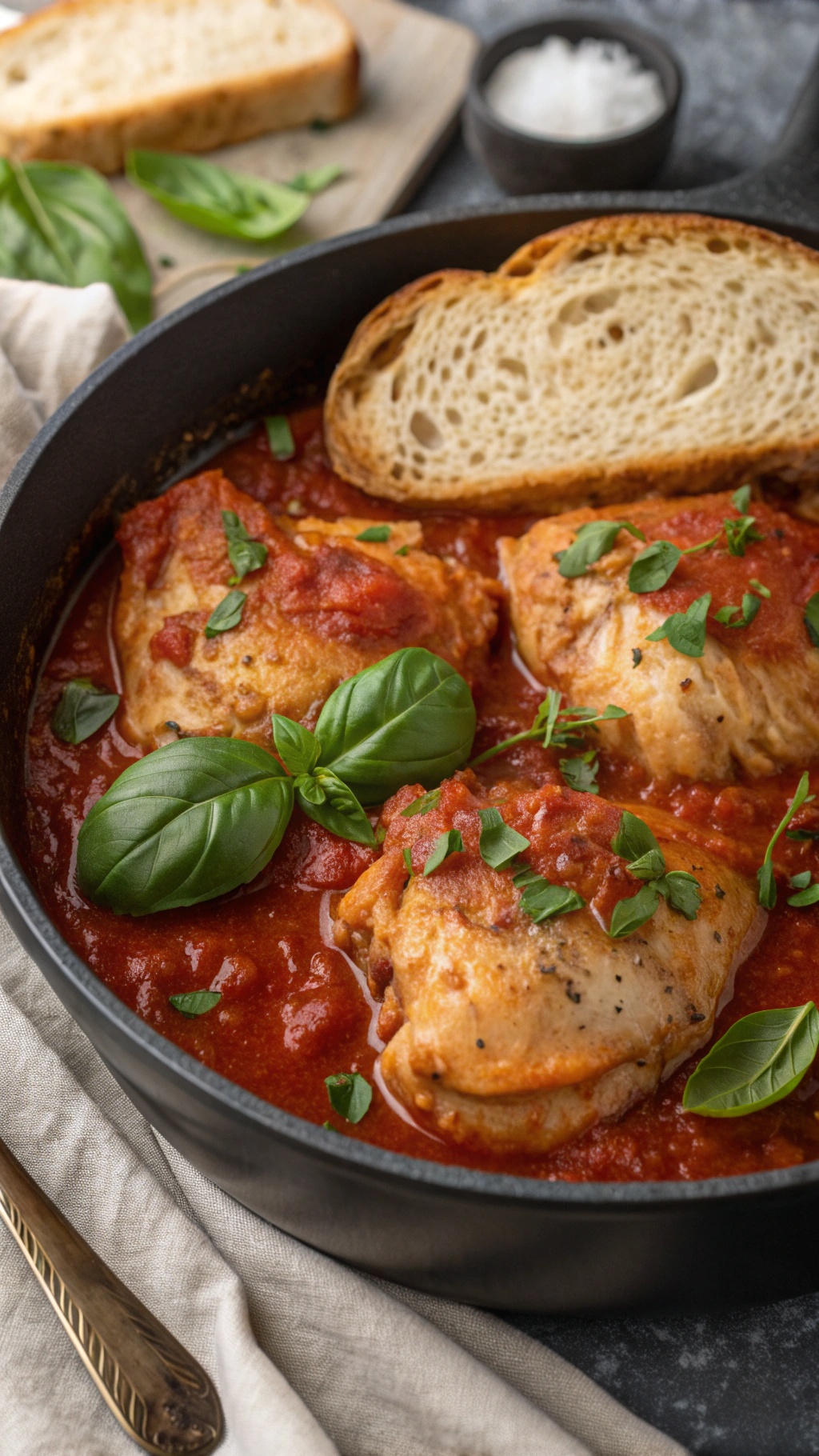 A skillet with chicken thighs in tomato sauce, garnished with basil and served with bread.